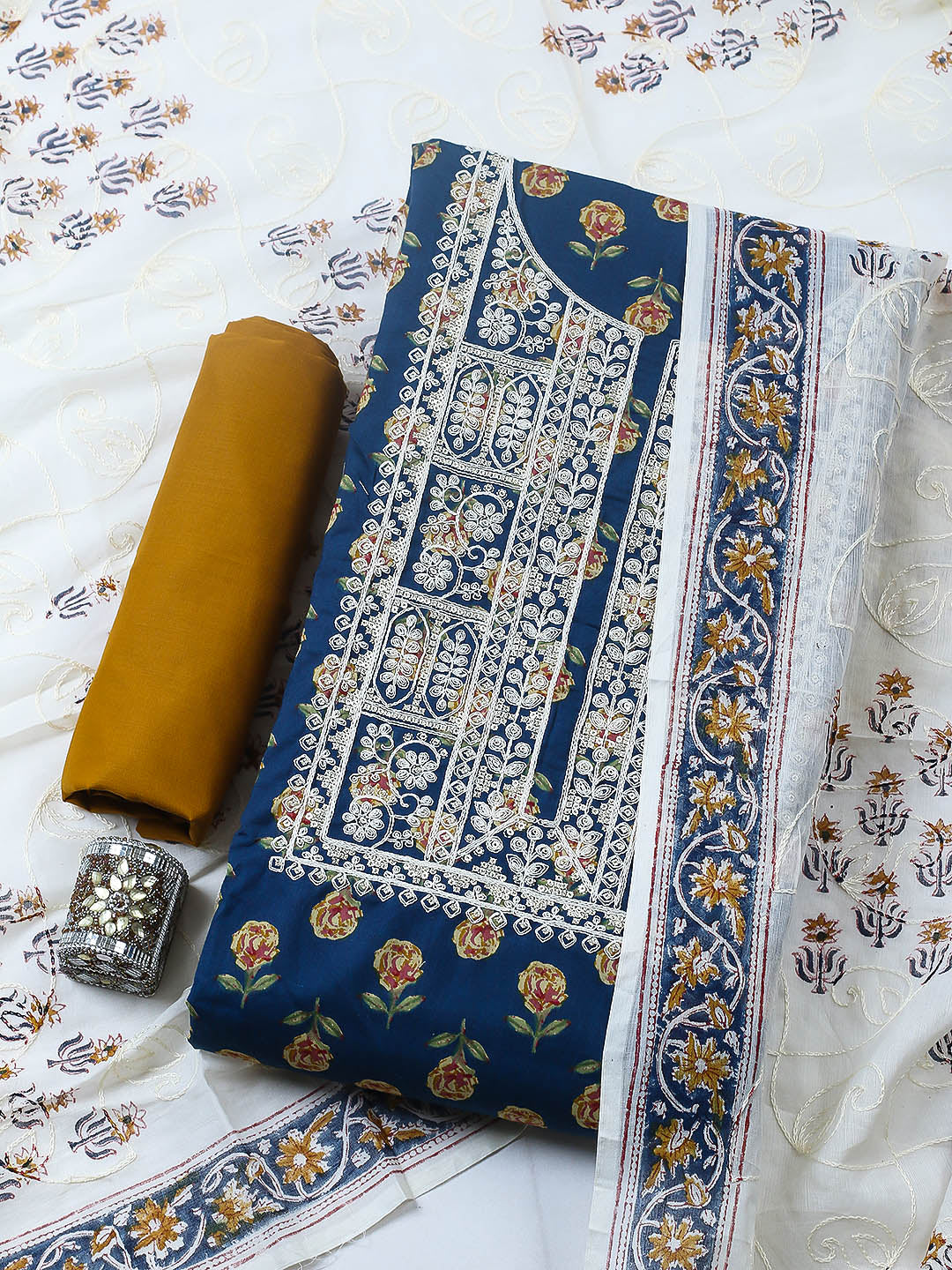 Printed Cotton Blend Unstitched Suit With Pant &amp; Dupatta