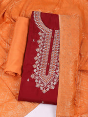Embroidered Chanderi Maroon Unstitched Suit With Pant & Dupatta