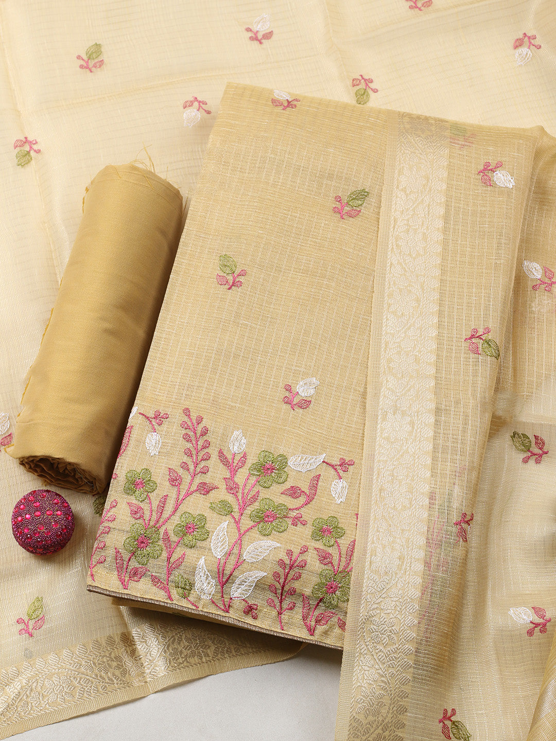 Embroidered Tissue Unstitched Suit With Pant &amp; Dupatta
