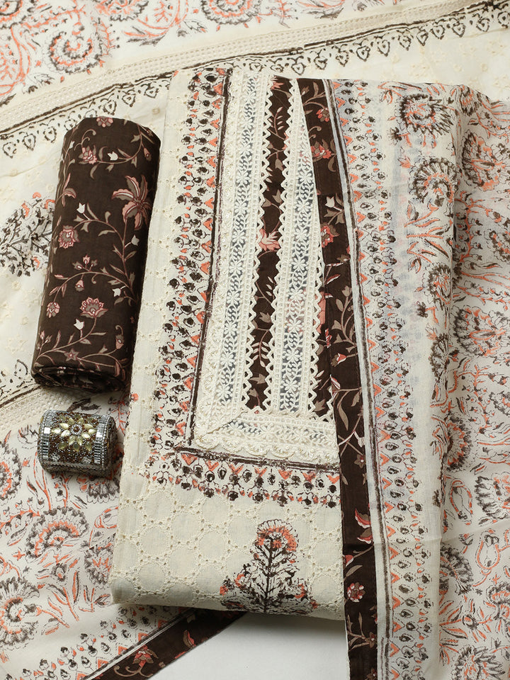 Printed Cotton Blend Unstitched Suit With Pant &amp; Dupatta
