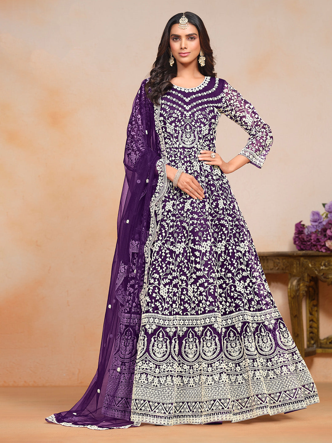 Embroidered Net Semi Stitched Kurta With Salwar &amp; Dupatta