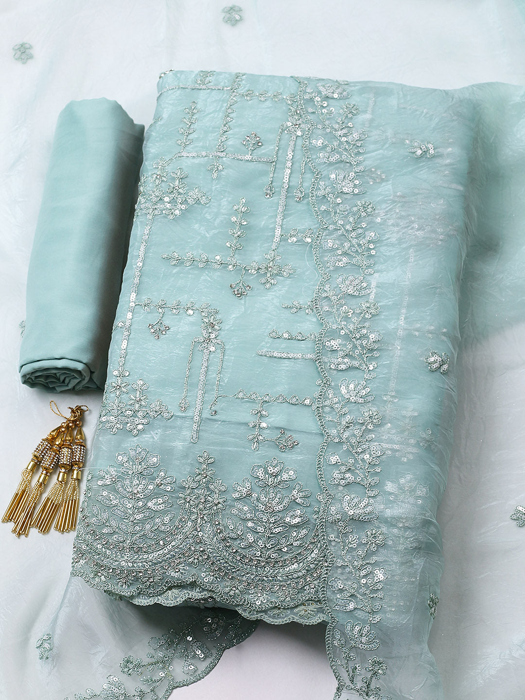 Embroidered Organza Unstitched Suit With Pant &amp; Dupatta