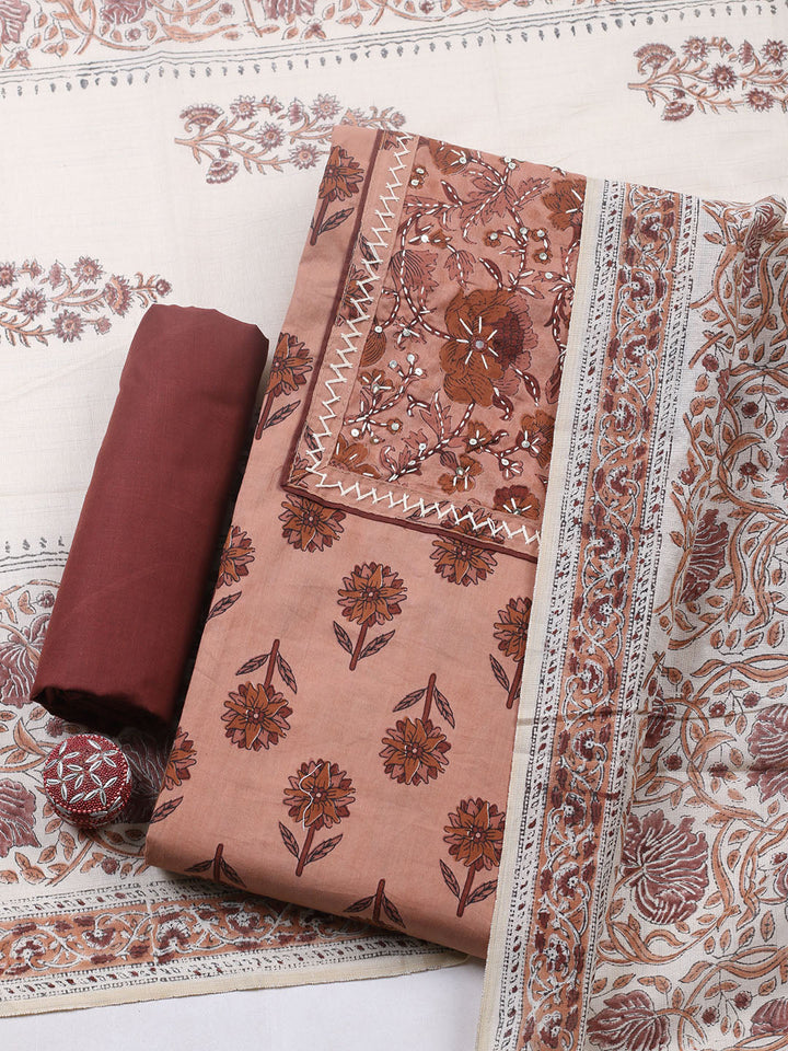 Printed Cotton Blend Unstitched Suit With Pant &amp; Dupatta