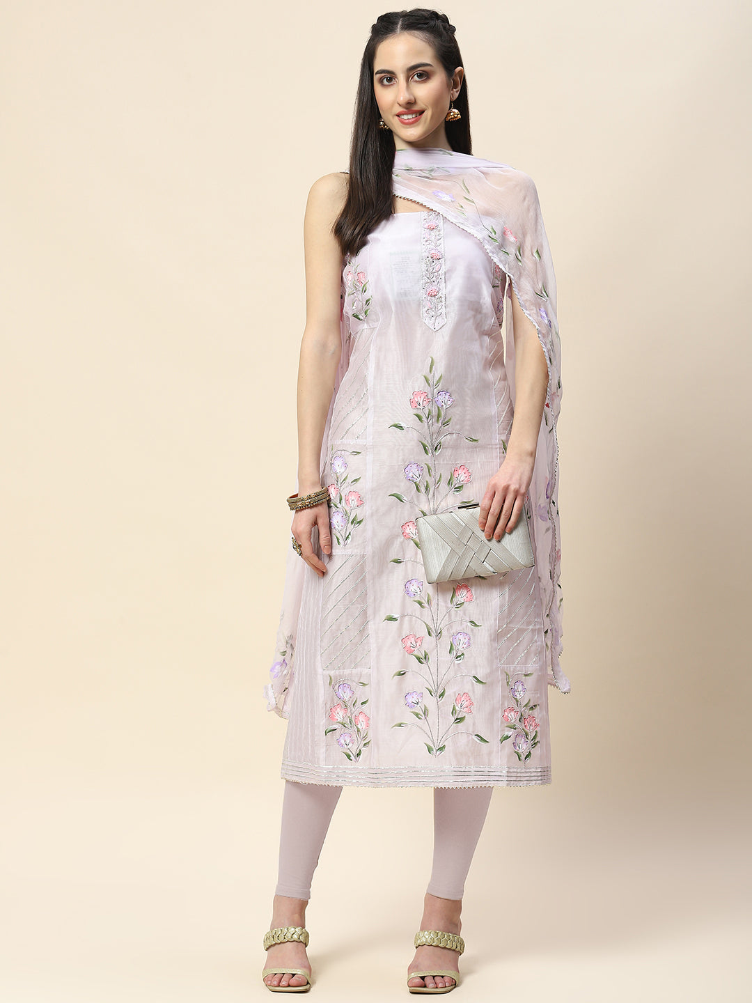 Neck Embroidery Chanderi Unstitched Suit Piece With Dupatta