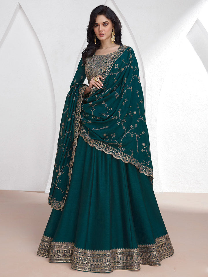 Embroidered Silk A Line Gown With Dupatta