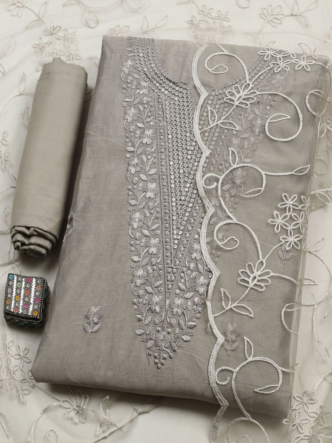 Embroidered Chanderi Unstitched Suit With Pant &amp; Dupatta