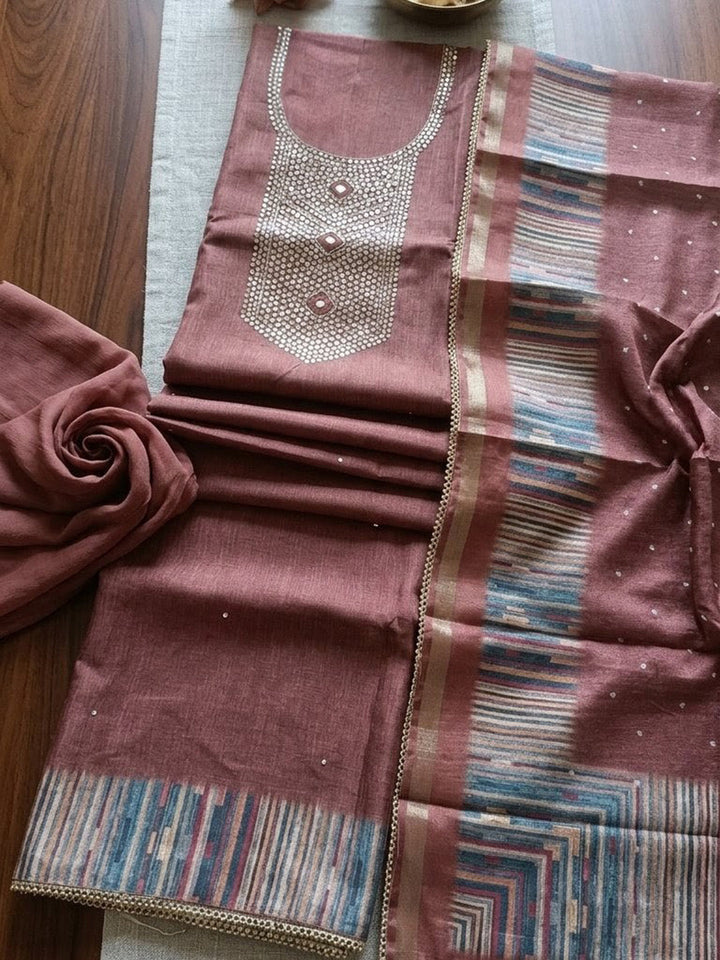 Embroidered Chanderi Unstitched Suit With Pant &amp; Dupatta
