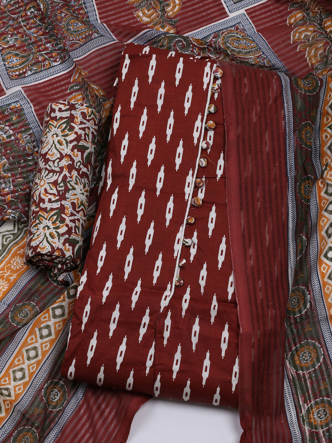 Printed Cotton Blend Unstitched Suit With Dupatta