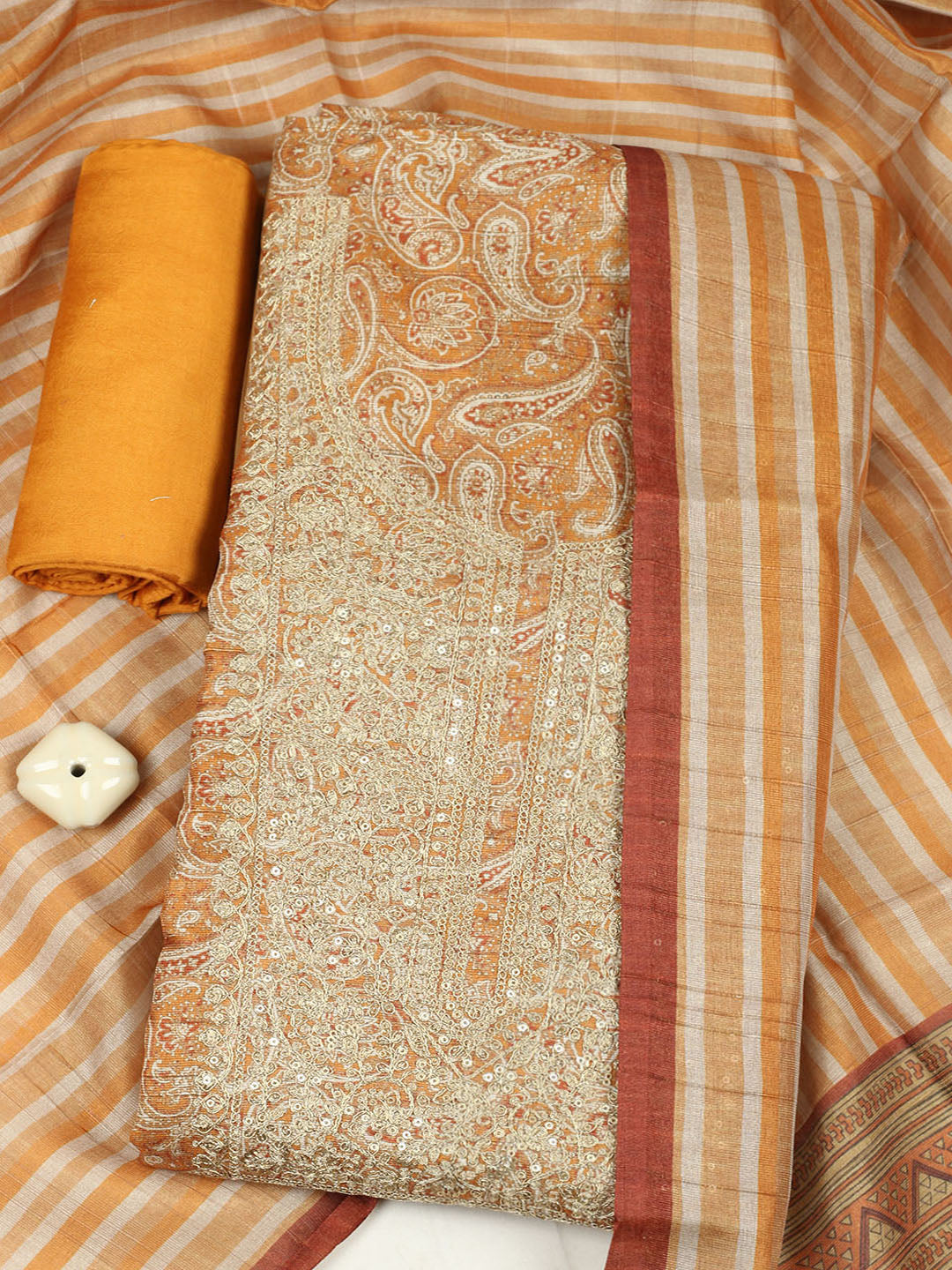 Embroidered Chanderi Unstitched Suit With Pant &amp; Dupatta