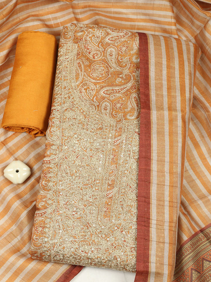 Embroidered Chanderi Unstitched Suit With Pant &amp; Dupatta