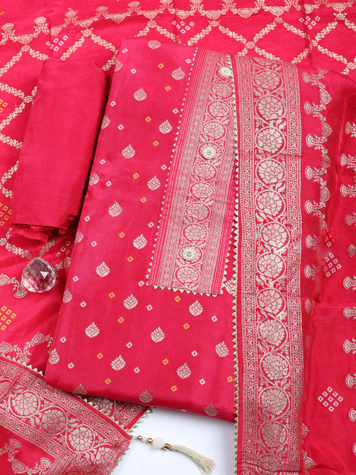 Embroidered Chanderi Unstitched Suit With Pant &amp; Dupatta