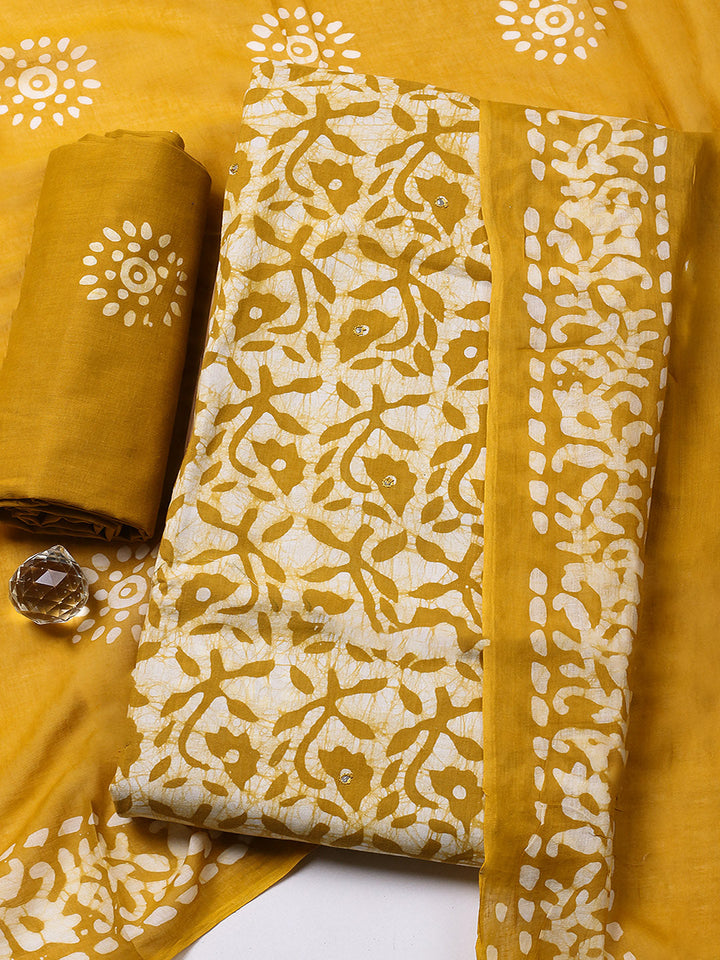 Printed Cotton Blend Unstitched Suit With Pant &amp; Dupatta