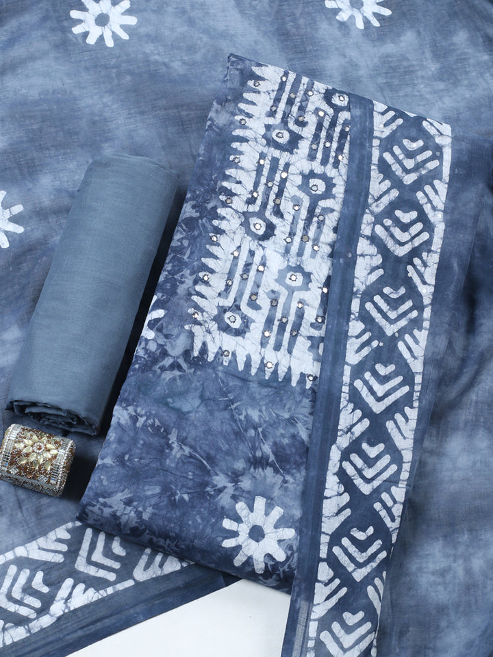 Printed Cotton Blend Unstitched Suit With Pant &amp; Dupatta