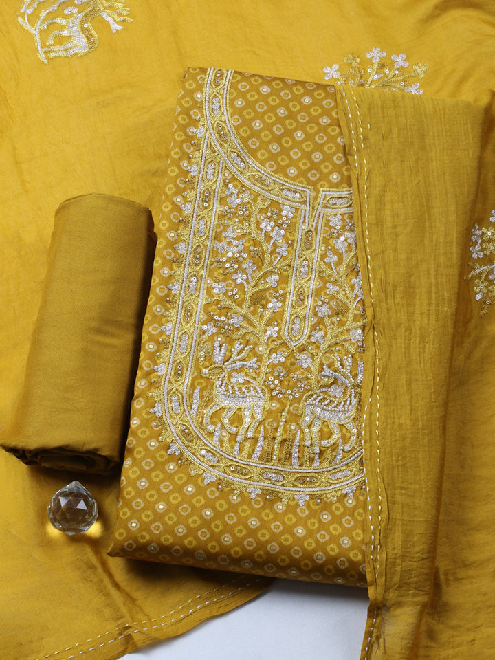 Embroidered Cotton Blend Unstitched Suit With Pant &amp; Dupatta