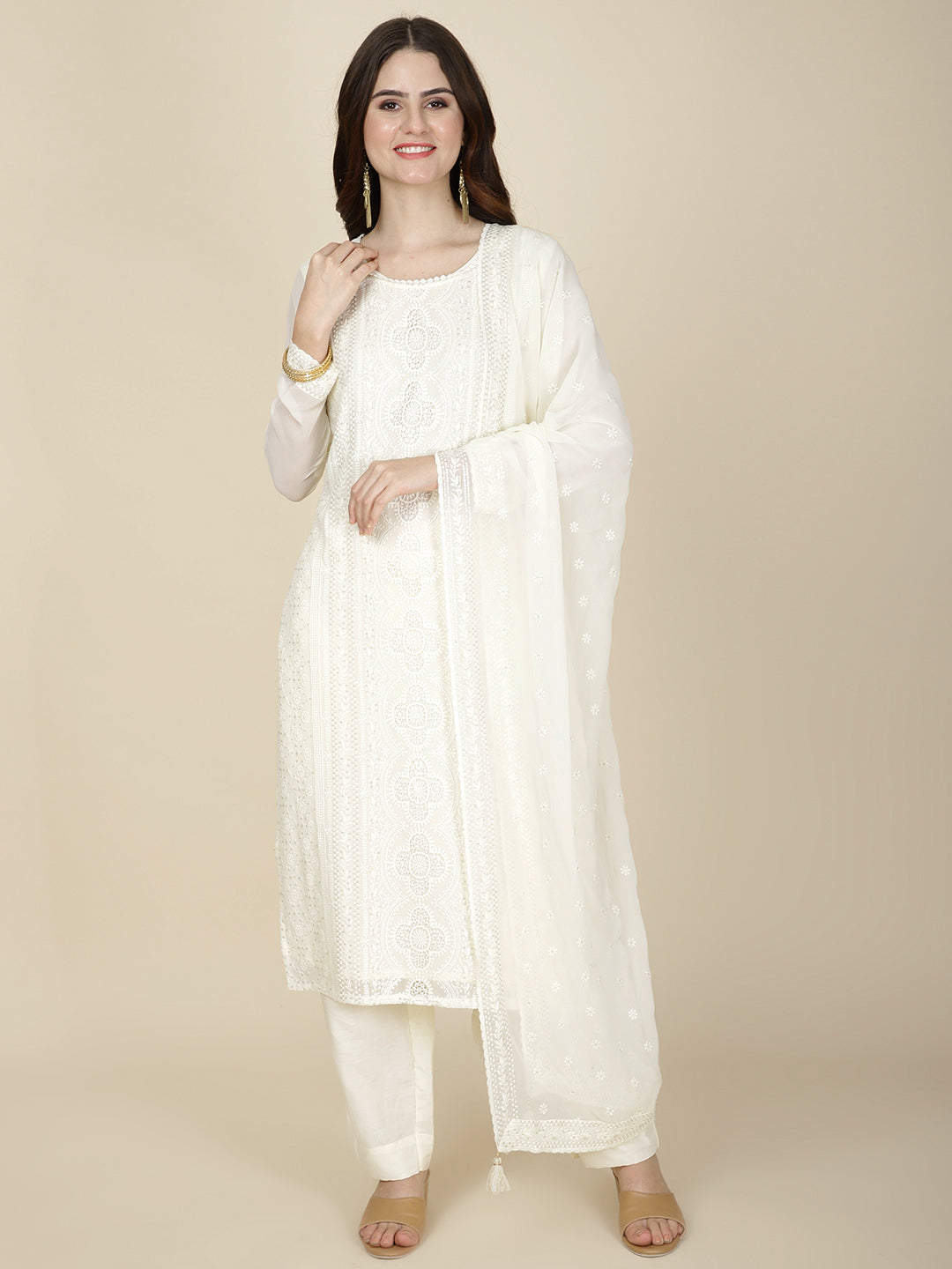Resham Embroidered Georgette Kurta With Pants & Dupatta