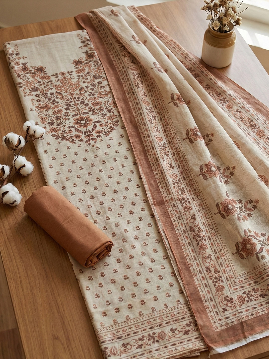Embroidered Cotton Blend Unstitched Suit With Pant &amp; Dupatta