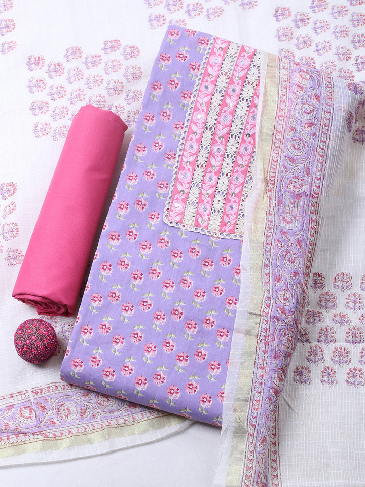 Printed Cotton Blend Unstitched Suit With Pant &amp; Dupatta