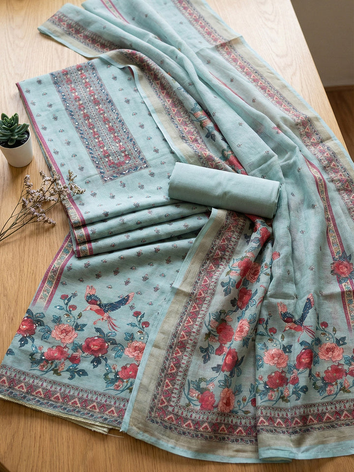 Embroidered Cotton Blend Unstitched Suit With Pant &amp; Dupatta