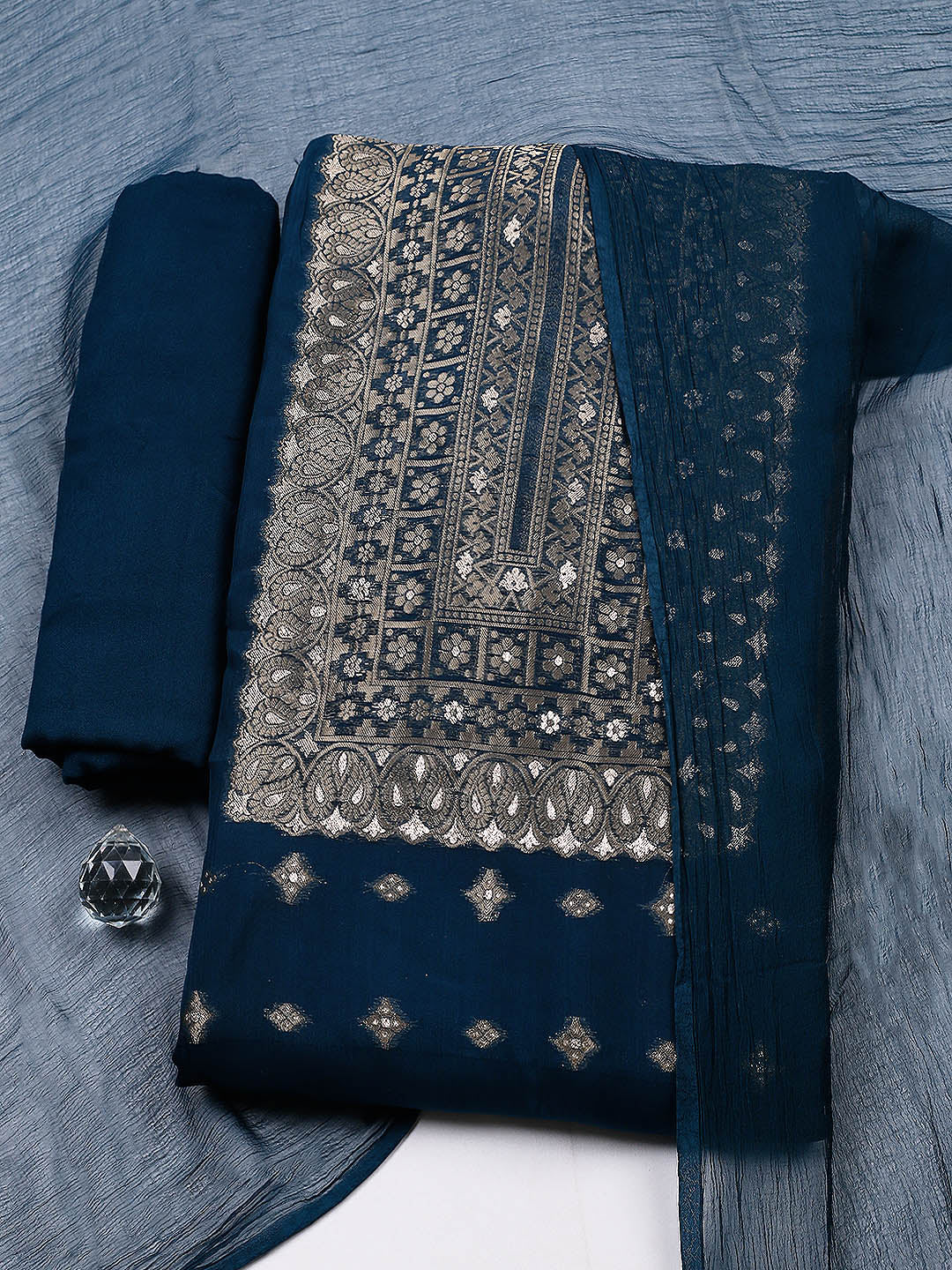 Woven Design Chanderi Unstitched Suit With Pant &amp; Dupatta