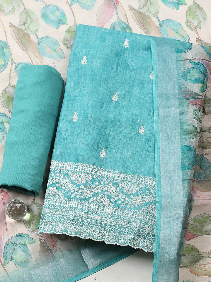 Embroidered Linen Blend Unstitched Suit With Pant &amp; Dupatta