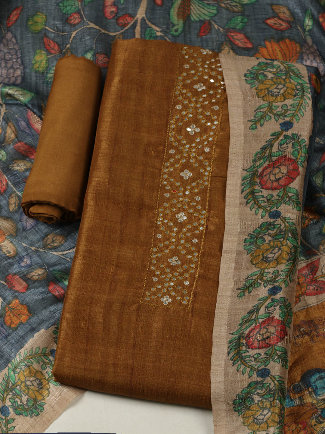 Embroidered Tussar Unstitched Suit With Pant &amp; Dupatta