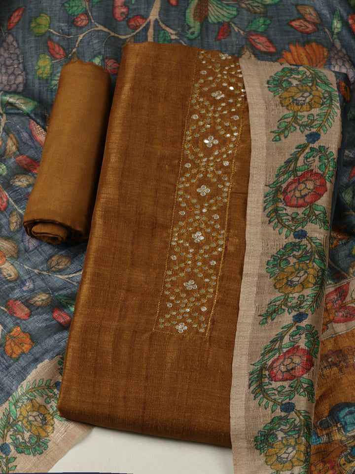 Embroidered Tussar Unstitched Suit With Pant &amp; Dupatta