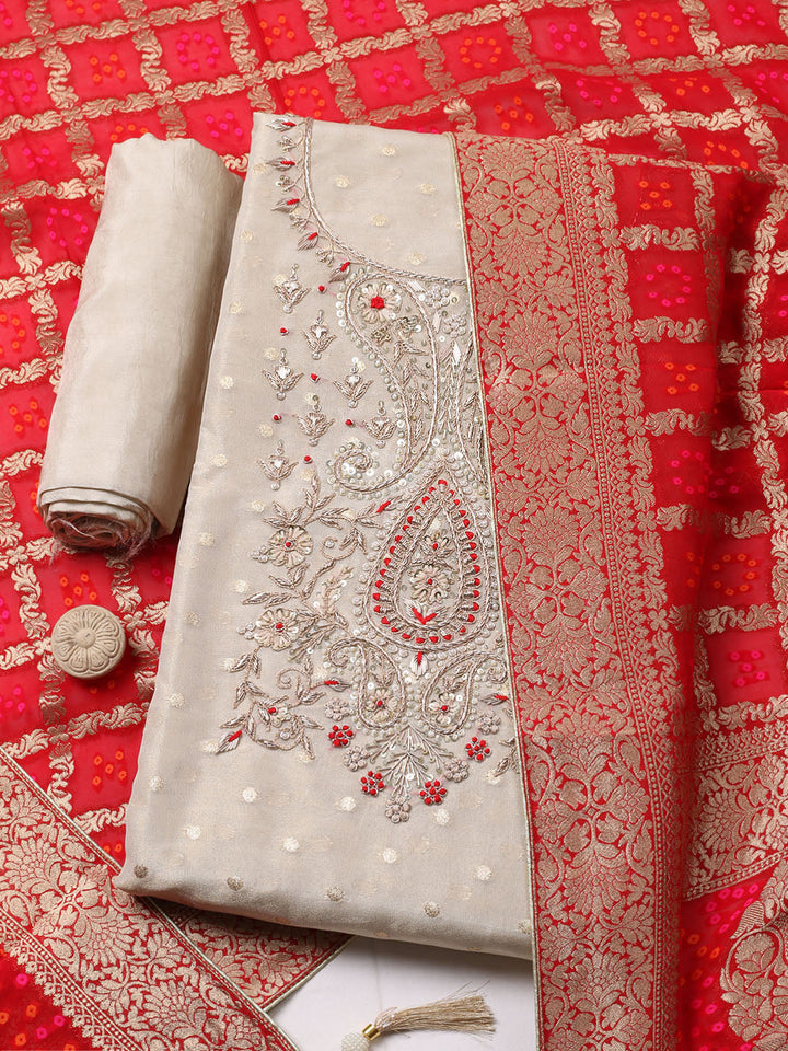Embroidered Chanderi Unstitched Suit With Pant &amp; Dupatta