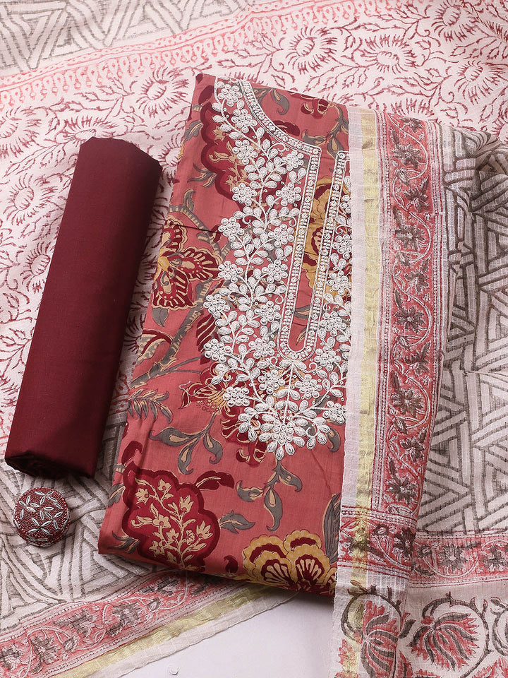 Printed Cotton Blend Unstitched Suit With Pant &amp; Dupatta