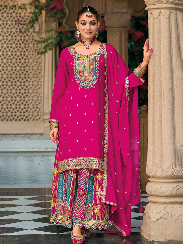 Embroidered Chinon Kurti With Plazzo &amp; Dupatta