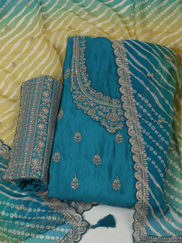 Embroidered Art Silk Unstitched Suit Piece With Dupatta