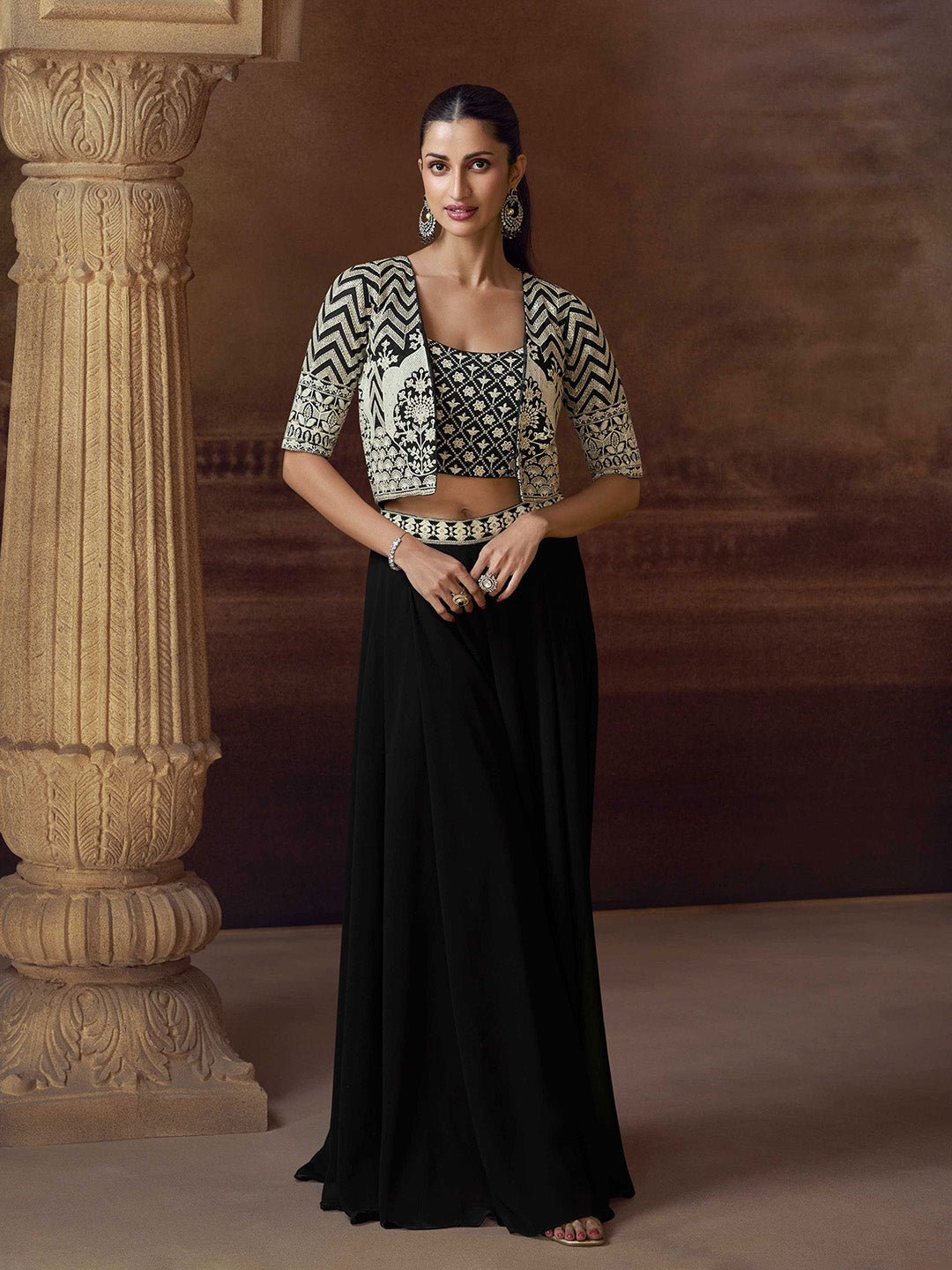 Embroidered Chinon Choli &amp; Skirt With Jacket