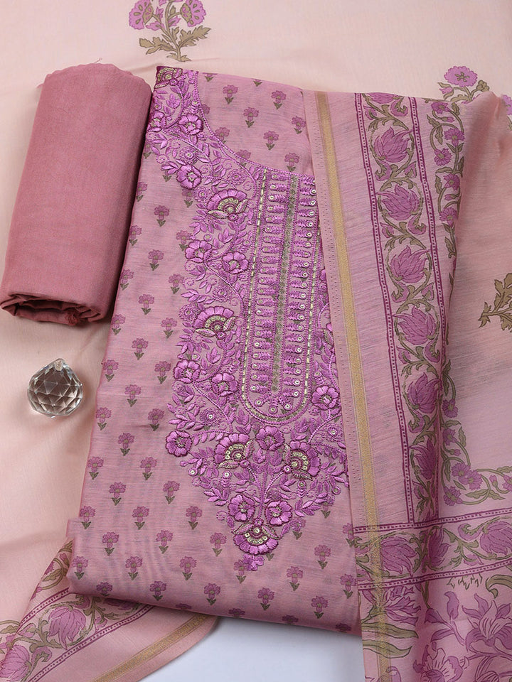 Embroidered Cotton Blend Unstitched Suit With Pant &amp; Dupatta