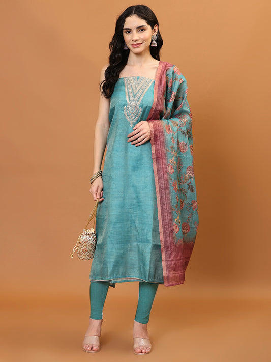 Neck Embroidered Cotton Unstitched Suit Piece With Dupatta