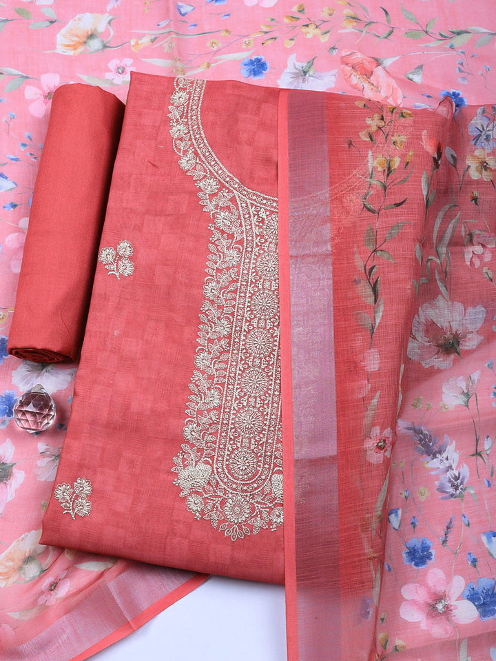 Embroidered Linen Blend Unstitched Suit With Pant &amp; Dupatta