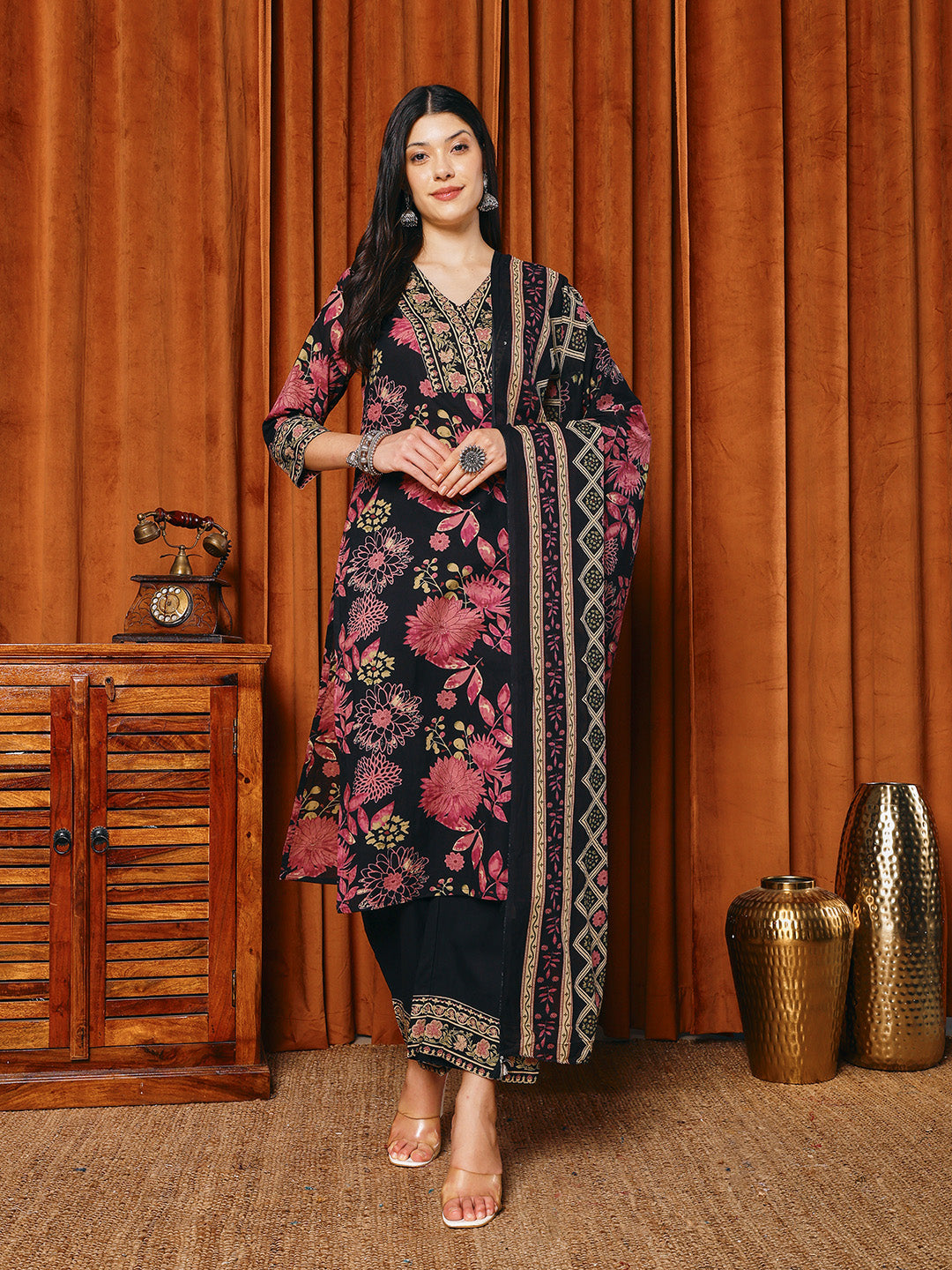 Printed Cotton Blend Kurta With Pants & Dupatta