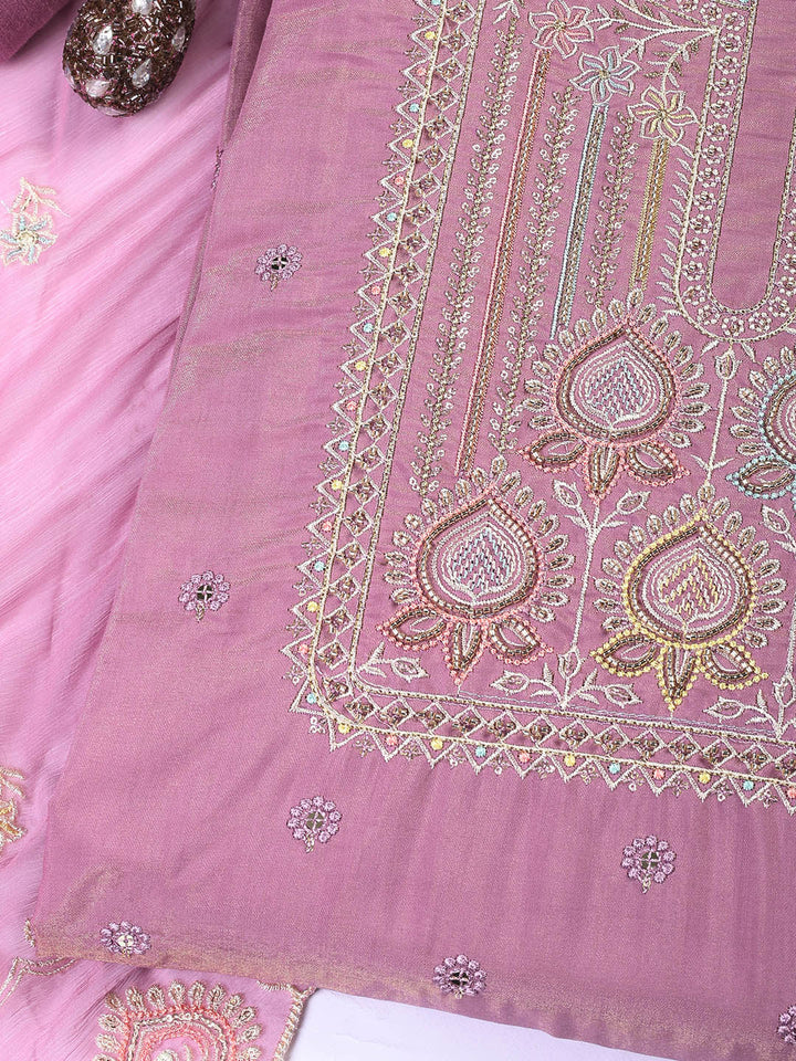 Embroidered Chanderi Unstitched Suit Piece With Dupatta