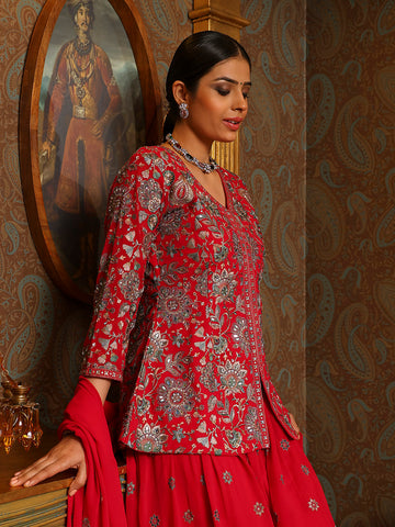 Zari Embroidery Georgette Kurti With Sharara & Dupatta