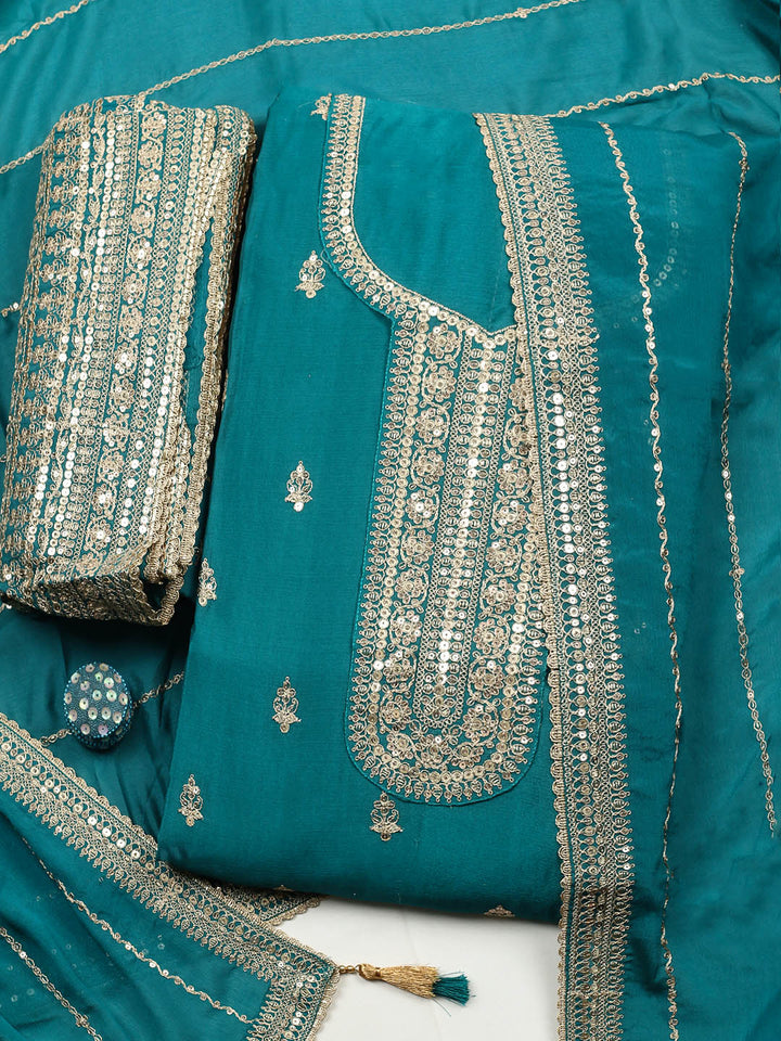 Embroidered Chinon Unstitched Suit With Pant &amp; Dupatta