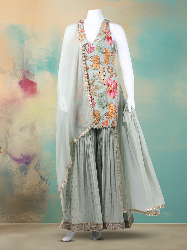 Embroidered Georgette Kurta With Garara &amp; Dupatta