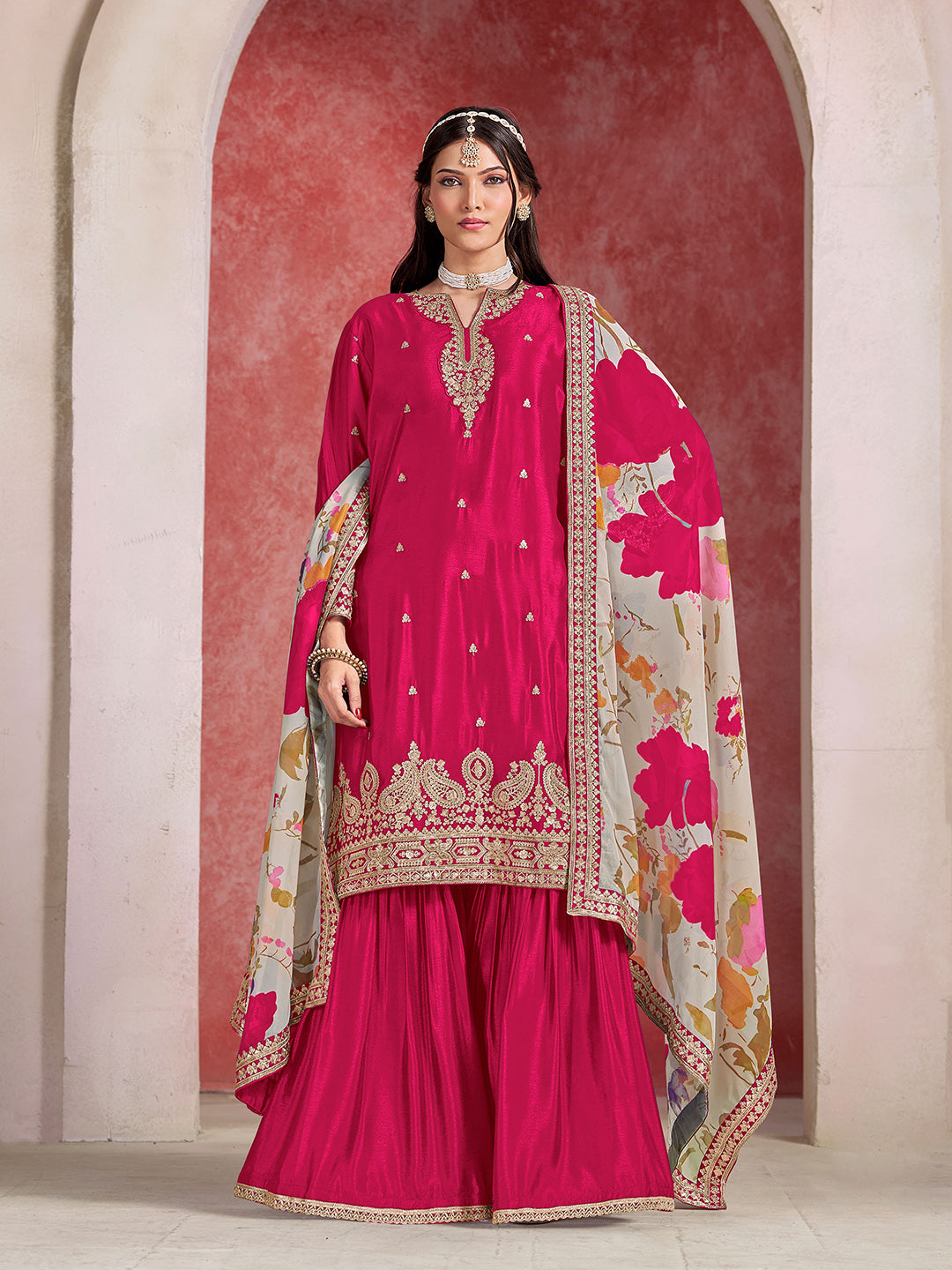Embroidered Chinnon Semi Stitched Kurta With Sharara &amp; Dupatta