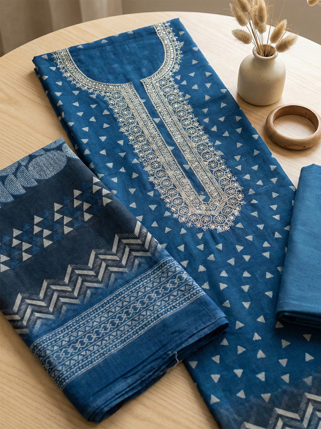 Embroidered Chanderi Unstitched Suit With Pant &amp; Dupatta