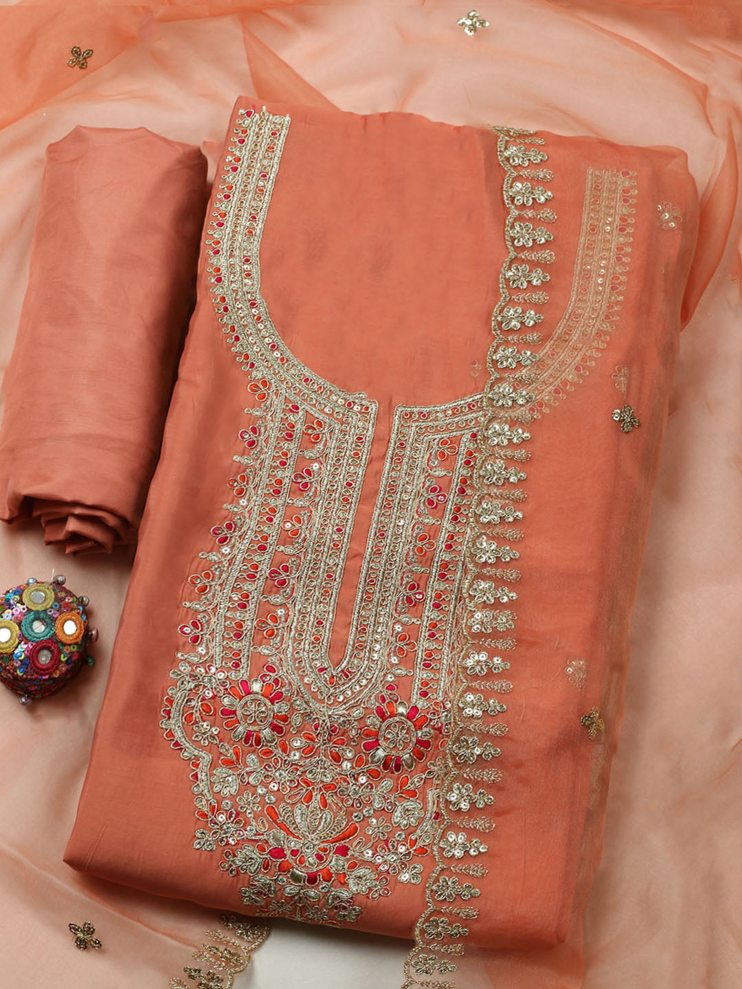 Embroidered Chanderi Unstitched Suit With Pant &amp; Dupatta