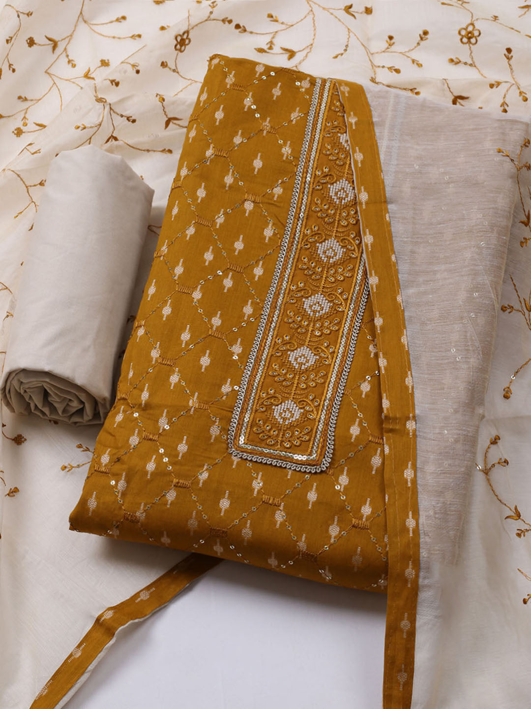 Neck Embroidered Cotton Blend Unstitched Suit With Dupatta