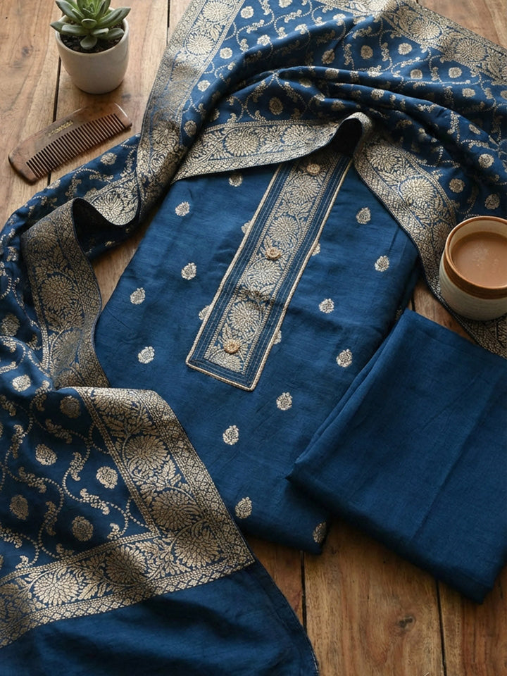 Embroidered Chanderi Unstitched Suit With Pant &amp; Dupatta