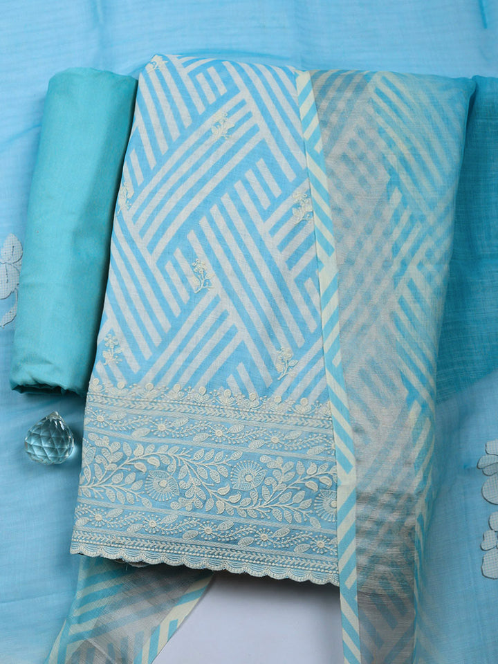 Embroidered Linen Blend Unstitched Suit With Pant &amp; Dupatta