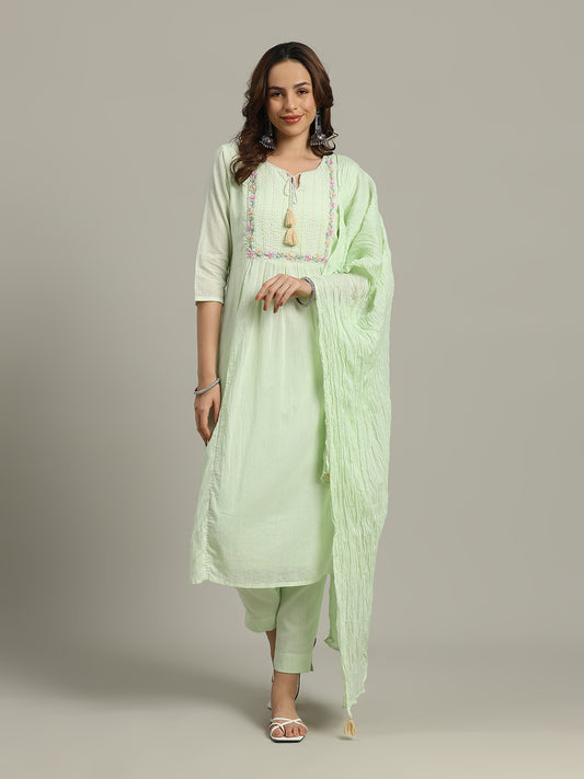 Neck Embroidery Cotton Blend Kurta With Pants & Dupatta