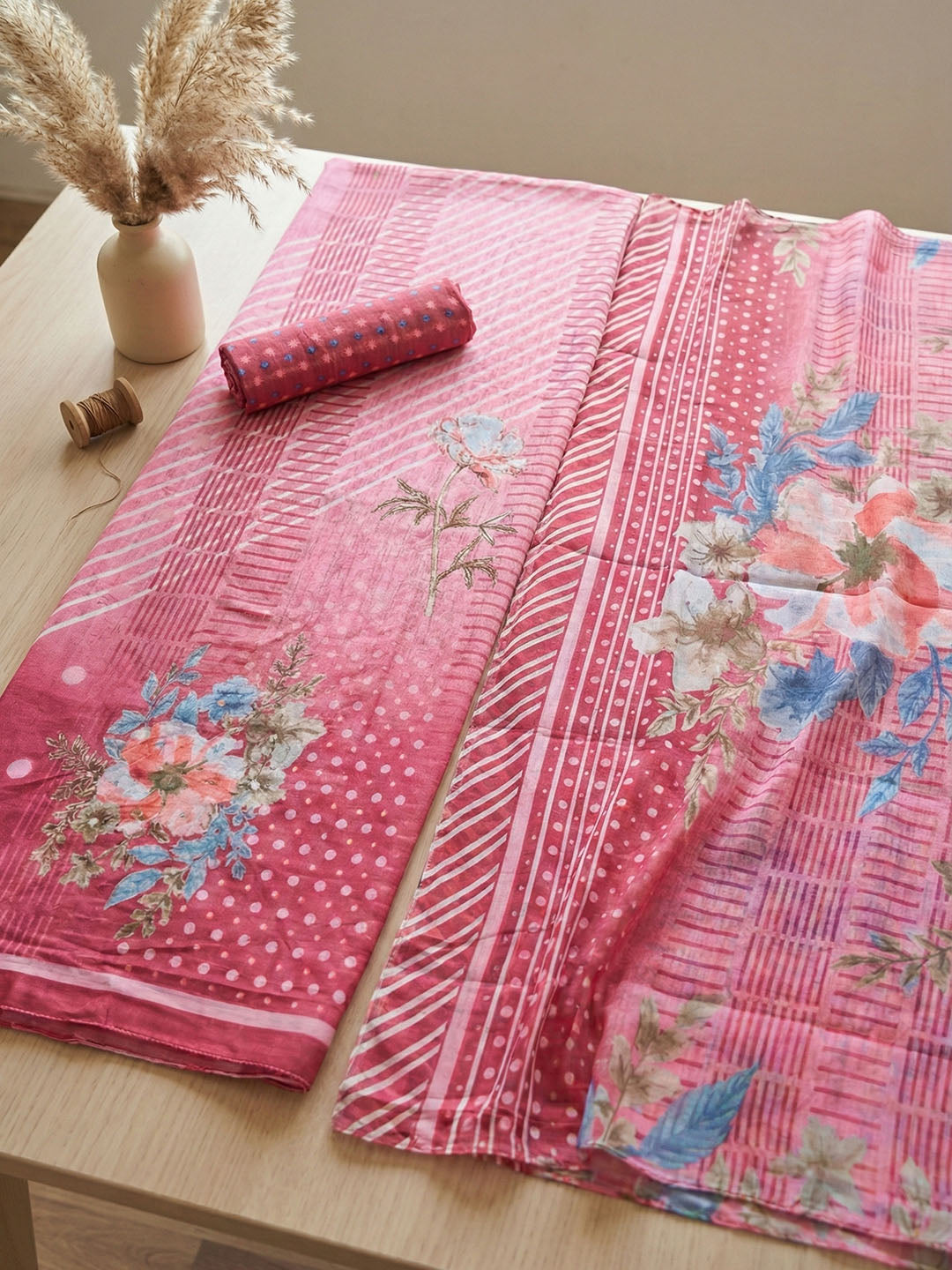 Printed Chanderi Unstitched Suit With Pant &amp; Dupatta