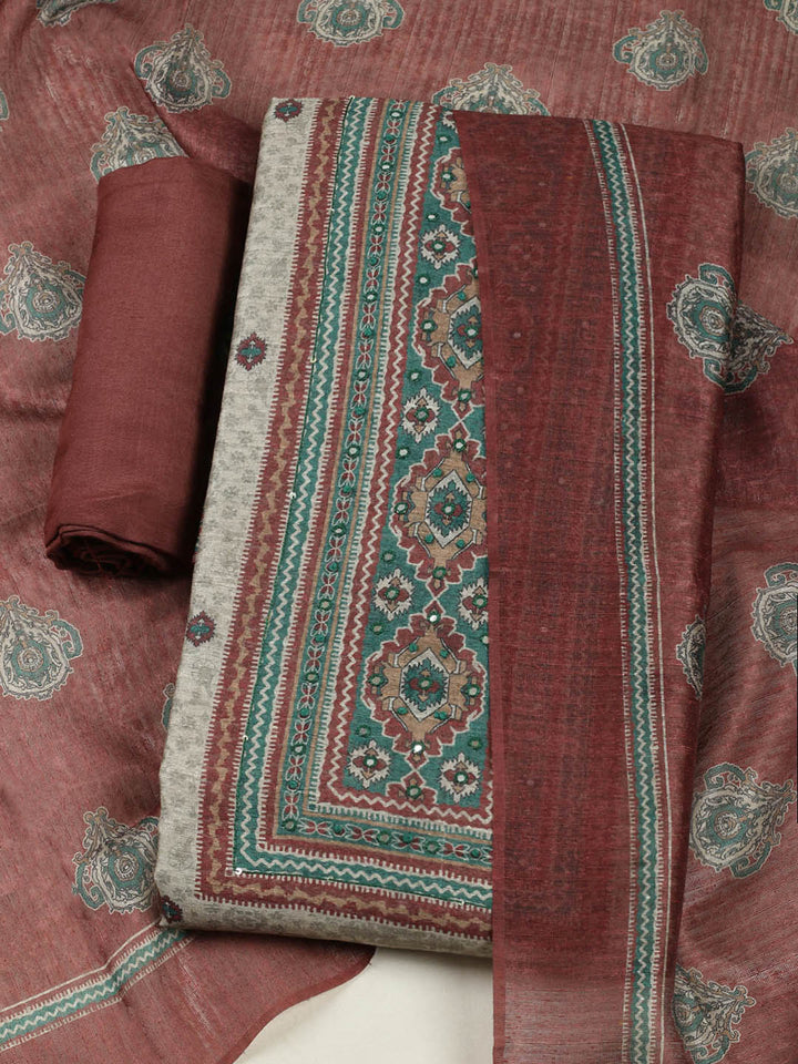 Printed Chanderi Unstitched Suit With Pant &amp; Dupatta