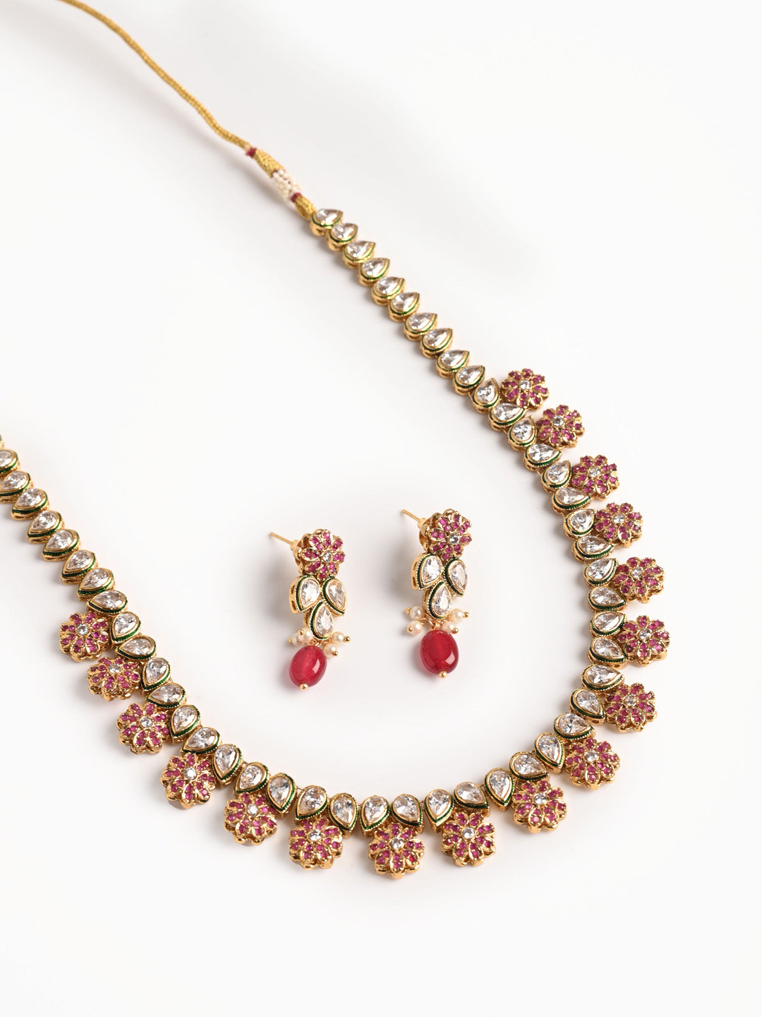 Golden & Maroon Kundan Necklace Set With Earrings