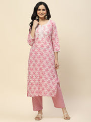 Neck Embroidered Cotton Kurta With Pants